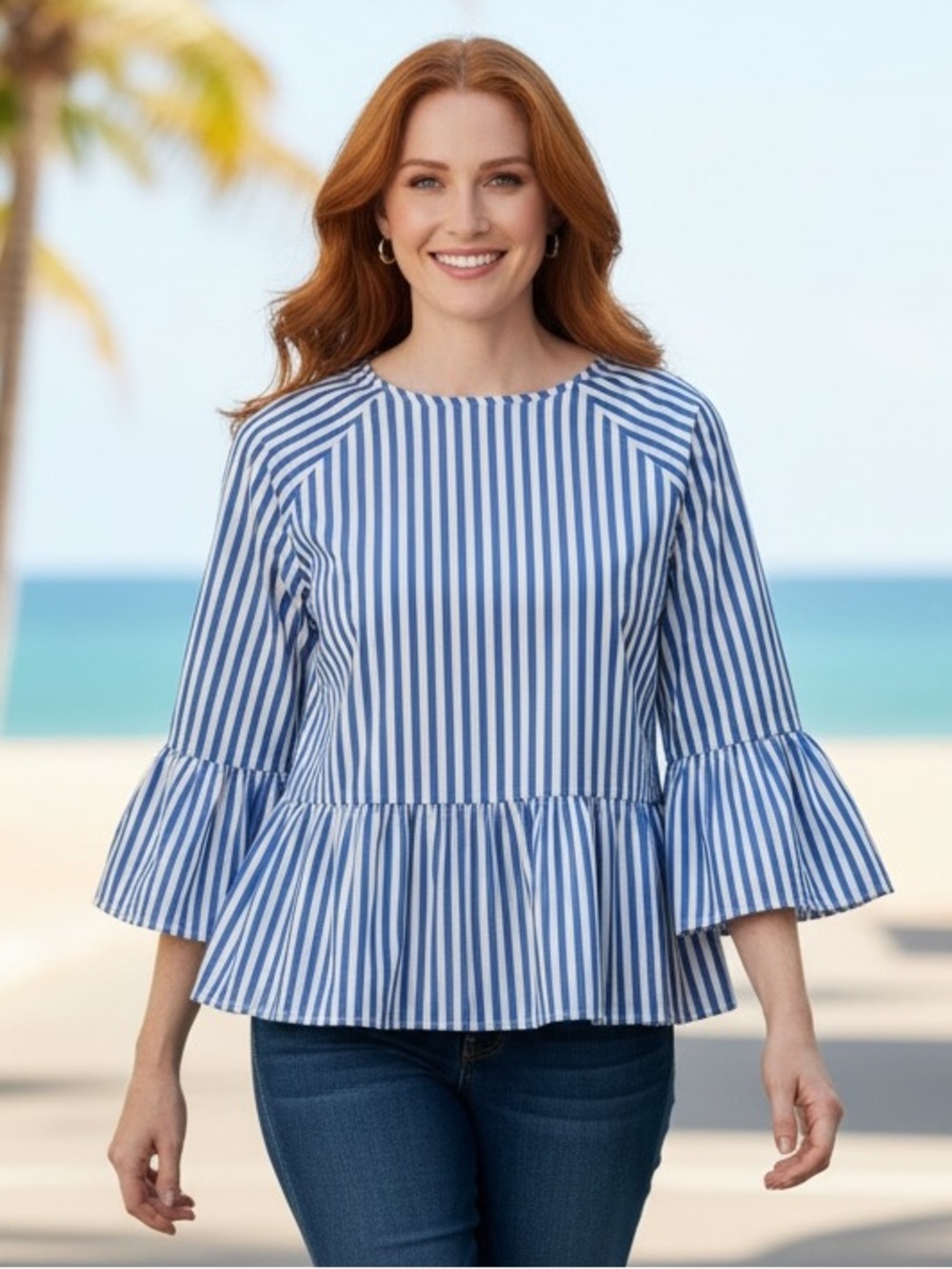 Lands' End Blue and White Striped Peplum Bell-Sleeve Top